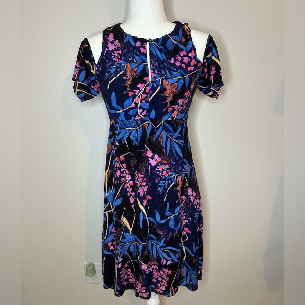 Anthropologie Maeve Elia Dress Sz 2 Black Blue Floral Cold Shoulder Midi#893 - Picture 2 of 12